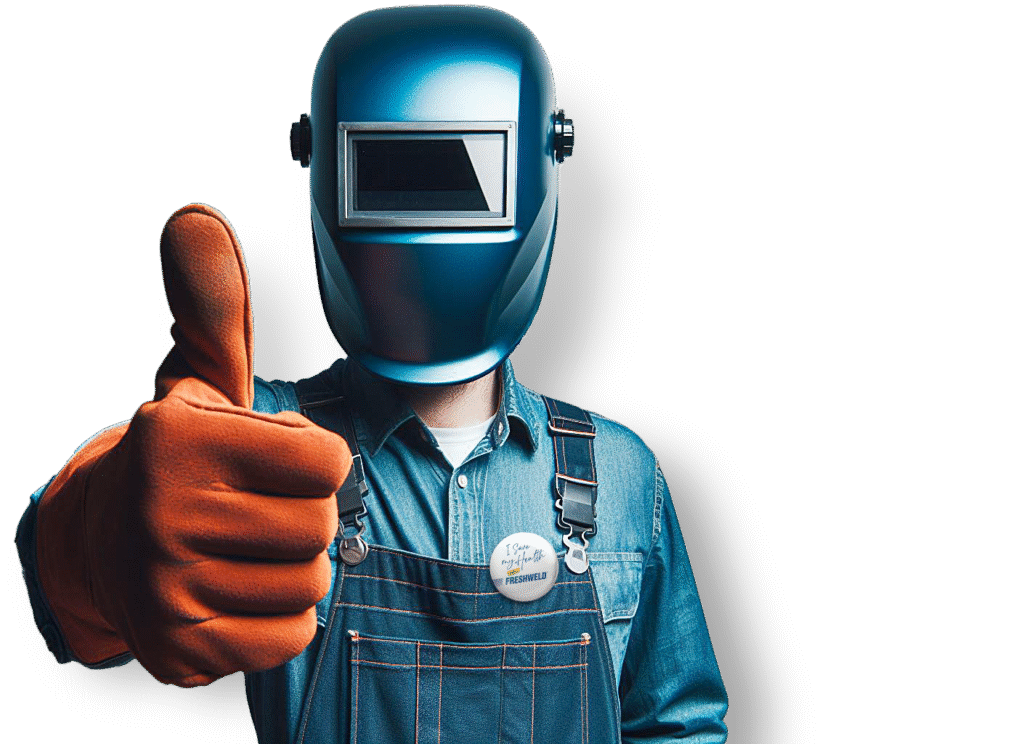 FRESHWELD Kaynak Duman Emiş Sistemi kullanan, kaynak maskesi takmış bir kaynakçı eldivenli eliyle onay işareti yapıyor - A welder using Freshweld, wearing a welding helmet, gives a thumbs-up with a gloved hand.